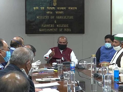 Union Ministers Narendra Singh Tomar and Piyush Goyal hold a meeting with farmers' leaders from Haryana, Uttar Pradesh, and Uttarakhand, at Krishi Bhawan in New Delhi on Tuesday, December 1, 2020.