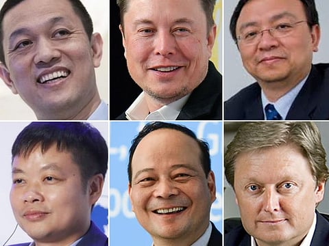 ELITE OF THE ELECTRIC VEHICLE SPHERE: (Clockwise from top left) William Li of Nio Inc., Elon Musk of Tesla, Wang Chuanfu of BYD, Henrik Fisker of Fisker, Robin Zeng of CATL, and He Xiaopeng of XPeng Inc. 