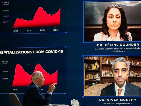 Joe Biden conducts a a health briefing with Vivek Murthy, former surgeon general, and Celine Gounder, clinical assistant professor at New York University's Department of Medicine, in October 2020.