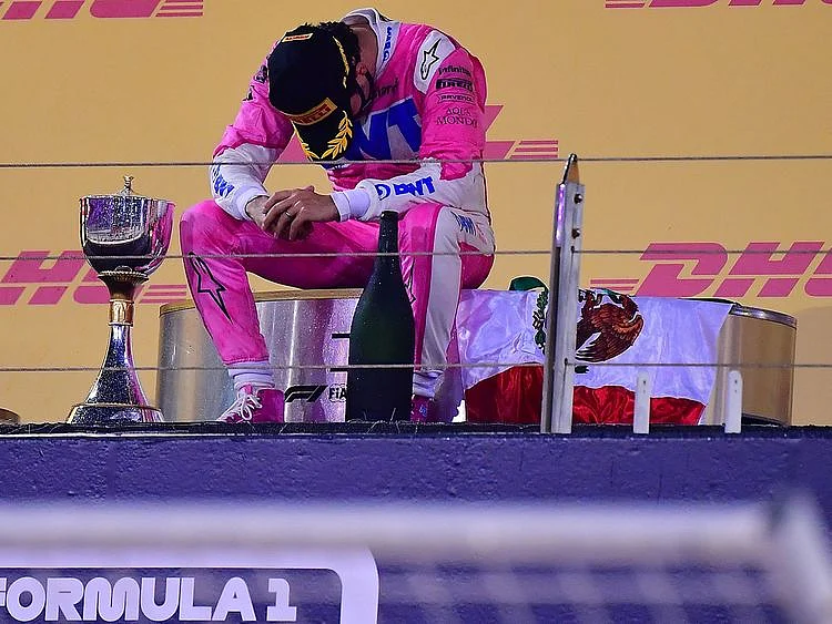 Sergio Perez after winning the Sakhir Grand Prix in Bahrain