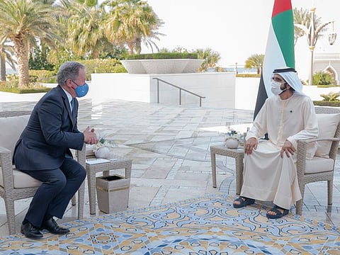 His Highness Sheikh Mohammed Bin Rashid Al Maktoum, Vice-President, Prime Minister of the UAE and Ruler of Dubai [R] with David Muldrow Beasley, Executive Director of the UN World Food Programme [L]