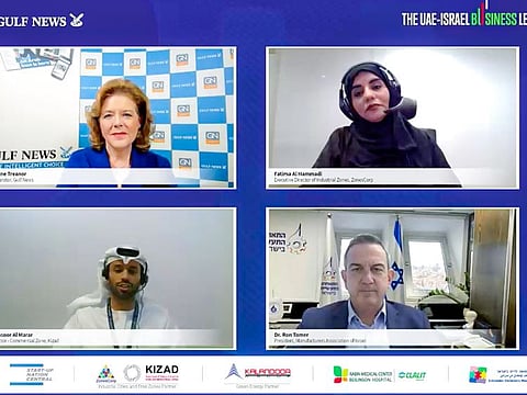 (clockwise from top left) Moderator Eithne Treanor from Gulf News, Fatima Al Hammadi, Executive Director of Industrial Zones, ZonesCorp, Dr. Ron Tomer, President, Manufacturers Association of Israel and Mansoor Al Marar, Director - Commercial Zone, Kizad during a panel discussion "Doing business in the UAE: Special focus on Abu Dhabi’s Industrial and Free Zone ecosystem' at the UAE-Israel Business Leaders Summit. 