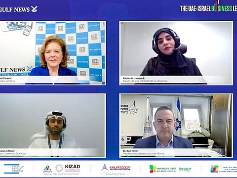 (clockwise from top left) Moderator Eithne Treanor from Gulf News, Fatima Al Hammadi, Executive Director of Industrial Zones, ZonesCorp, Dr. Ron Tomer, President, Manufacturers Association of Israel and Mansoor Al Marar, Director - Commercial Zone, Kizad during a panel discussion "Doing business in the UAE: Special focus on Abu Dhabi’s Industrial and Free Zone ecosystem' at the UAE-Israel Business Leaders Summit. 