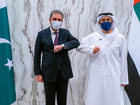 Sheikh Abdullah bin Zayed Al Nahyan, Minister of Foreign Affairs and International Cooperation, with Pakistan’s Minister of Foreign Affairs, Shah Mahmood Qureshi.