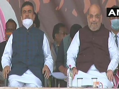 Suvendu Adhikari with Amit Shah at a BJP rally