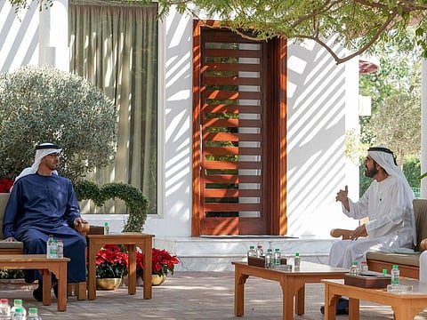Sheikh Mohammed Bin Rashid and Sheikh Mohamed Bin Zayed Al Nahyan meet at Al Marmoom Desert Conservation Reserve’s Lakes on Monday.