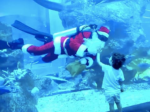  With an oxygen tank on his back, the legendary jolly, white-bearded man, also known as Father Christmas, was wearing his usual red coat, with white fur collar and cuffs; red trousers with black leather belt, and red hat. But instead of boots, he has flippers.