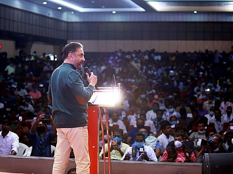 Makkal Needhi Maiyam President Kamal Haasan addresses the supporters during a function at  Puducherry Kampan Gallery, on Wednesday. 