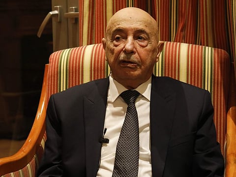 Aguila Saleh Issa, the head of Libya's parliament, speaks during an interview with AFP in the Cypriot capital Nicosia on December 28, 2019. 
