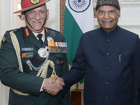 President Ramnath Kovind with chief of Army Staff Gen Bipin Singh Rawat during a meeting at Rashtrapati Bhavan in New Delhi, on Monday. 