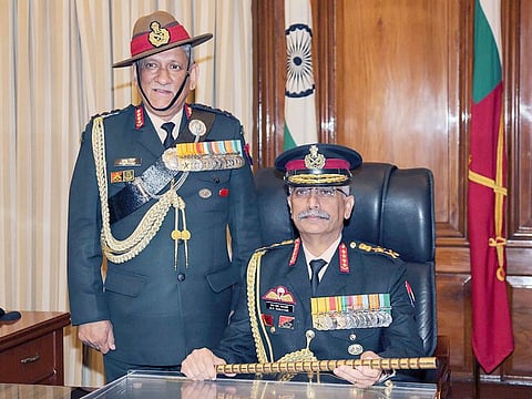 General Manoj Mukund Naravane (right) takes charge as Chief of Army Staff in the presence of Chief of Defence Staff Gen Bipin Rawat in New Delhi, Tuesday, December 31, 2019.