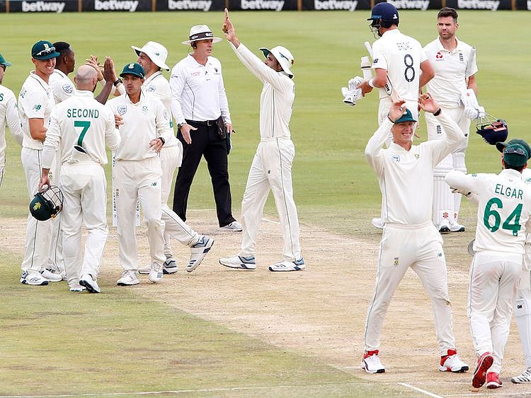 South Africa's Kagiso Rabada and teammates celebrate
