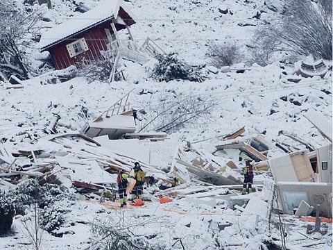 A view of the damage as emergency services work during a rescue operation two days after a landslide ocurred in Ask, Gjerdrum municipality, on January 1, 2021. 