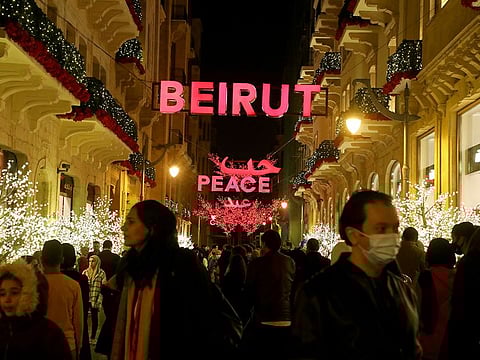A sign reading "Beirut" is seen among Christmas decorations in downtown Beirut, Lebanon December 27, 2020. 