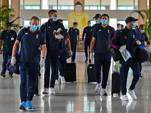 England’s cricket team arrive at the Rajapaksa international airport in Mattala on January 3, 2021. 