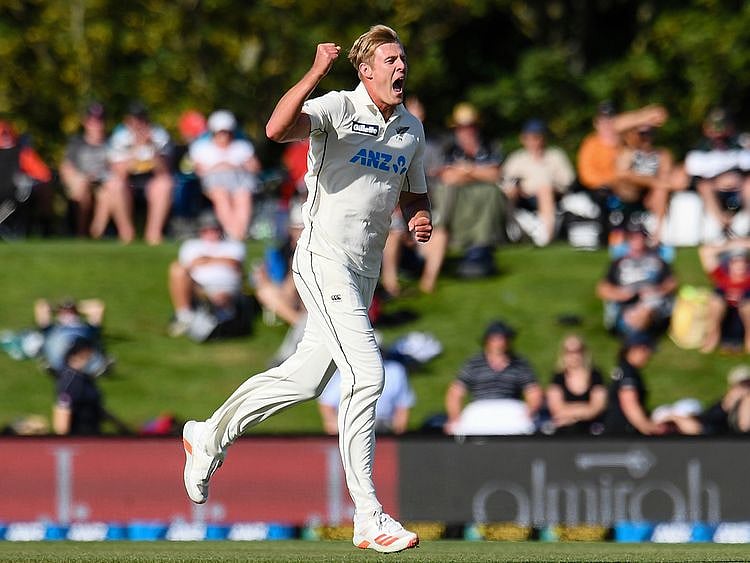 New Zealand bowler Kyle Jamieson celebrates after taking a wicket against Pakistan