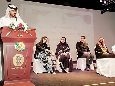 Faisal Mohammed Al Bastaki speaks in Hindi on the World Hindi Day celebration at the Indian Consulate in Dubai on Sunday.