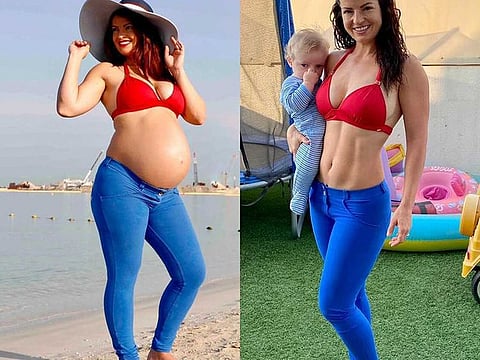 Rhian Adams before and after: she says she gained about 18kg during her second pregnancy (left), but has worked on achieving a "happy weight" since giving birth to her son Samson, now 13 months (right)