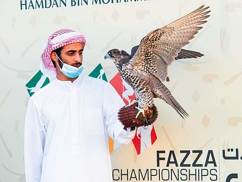 Sheikh Hamdan bin Mohammed Al Rashid's falcon, named Antar, finished third, covering the 400-metre distance in 19.625 seconds.