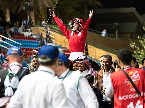 Switzerland’s Sibylle Vogt celebrates at the International Jockeys’ Challenge 