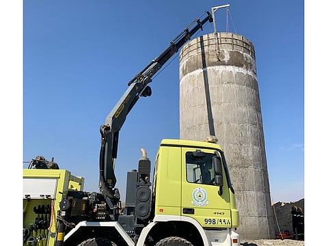 Saudi civil defence rescued four workers who fell into a reservoir.