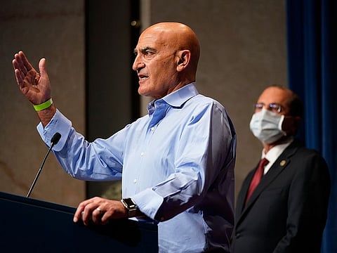 Dr. Moncef Slaoui, chief science adviser to Operation Warp Speed, speaks during a news conference on Operation Warp Speed and COVID-19 vaccine distribution, Tuesday, Jan. 12, 2021, in Washington