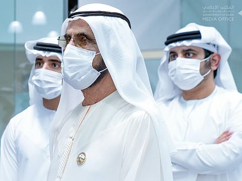 Sheikh Mohammed, Sheikh Hamdan and Sheikh Maktoum during their visit to the State Security Department's headquarters in Dubai on Saturday.