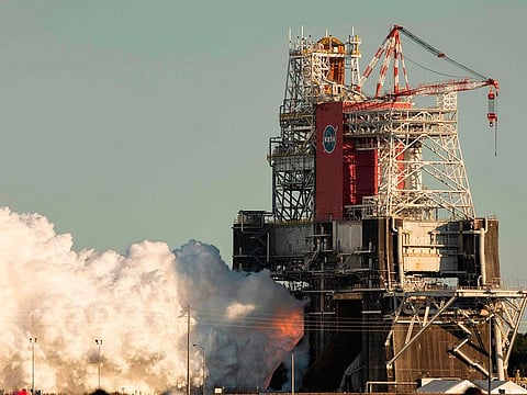 The core stage for the first flight of NASA’s Space Launch System rocket is seen in the B-2 Test Stand during a scheduled eight minute duration hot fire test, on January 16, 2021, at NASA’s Stennis Space Center near Bay St. Louis, Mississippi.  