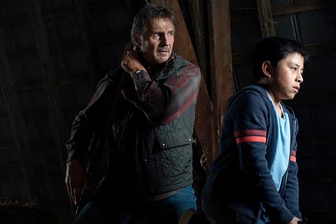 Liam Neeson, left, and Jacob Perez in “The Marksman.”