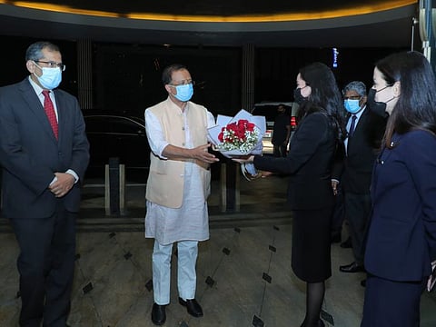 Indian Minister of State for External Affairs, V. Muraleedharan, being received upon his arrival in Abu Dhabi on Monday night.