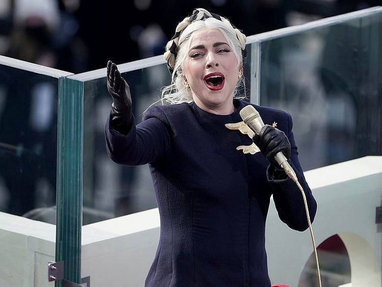 Lady Gaga sings the national anthem during the 59th Presidential Inauguration at the U.S. Capitol for President-elect Joe Biden in Washington, Wednesday, Jan. 20, 2021. (Greg Nash/Pool Photo via AP)