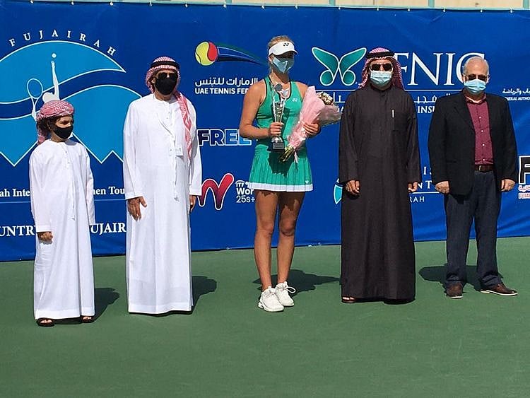 Clara Tauson with the trophy at the presentation for the Fujairah International Women Tournament