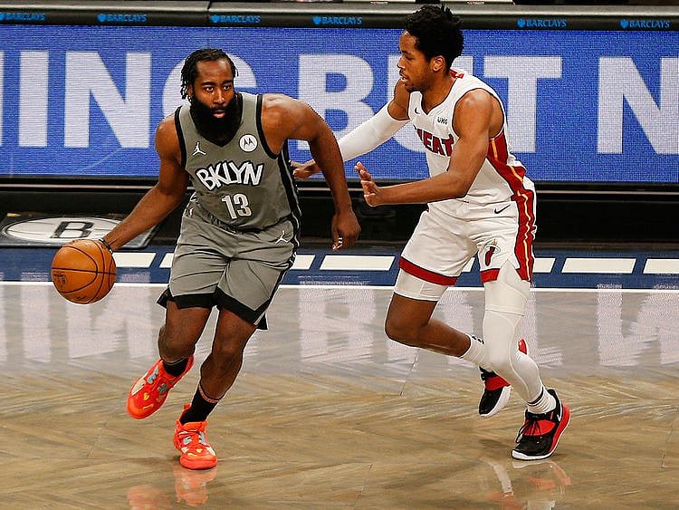 Brooklyn Nets guard James Harden and Miami Heat forward KZ Okpala 