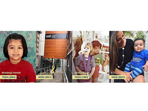 (Left) Khadeeja Hamid, Class of 2004 as a JINS student and today studying Fine Art at the University of the Arts, London, UK; (Right) Devika Singh, JINS Alumni in 1984 and today with her son Jayshiv, a JINS student