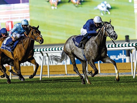 Althiqa, ridden by jockey James Doyle and trained by Charlie Appleby wins the Cape Verdi (Group 2) race on the second meeting of Dubai World Cup Carnival at Meydan racecourse on Thursday 28 January 2021.
