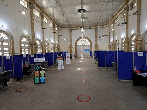 A general view of the Khaliq Dina Hall and Library building, which has been converted to be used as a vaccination centre, for administering coronavirus disease (COVID-19) vaccine, in Karachi, Pakistan January 27, 2021. 