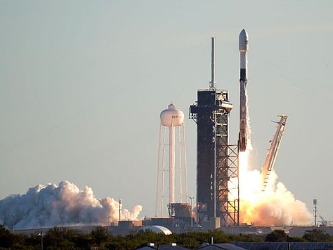 A Falcon 9 SpaceX rocket lifts off from pad 39A at the Kennedy Space Center in Cape Canaveral, Florida.