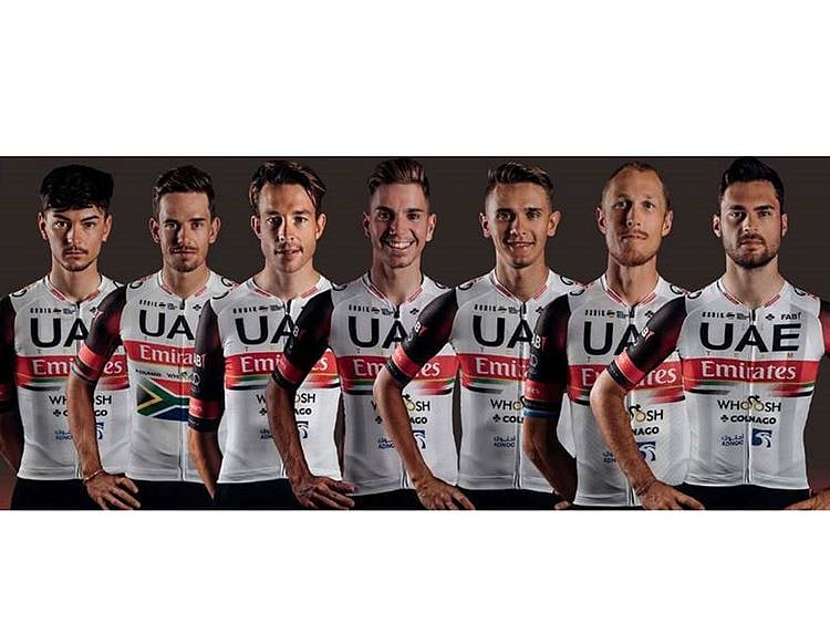 Alessandro Covi, left, and the UAE Team Emirates line-up for the Grand Prix Cycliste la Marseillaise on January 31.
