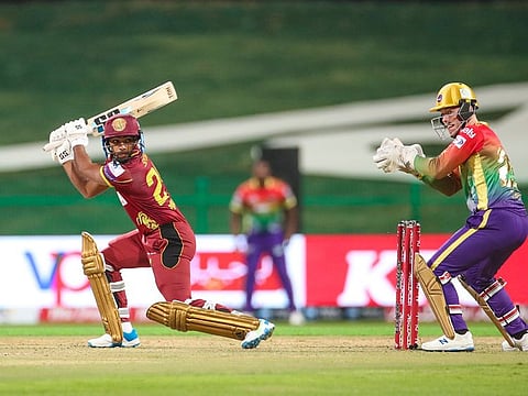 West Indies star Nicholas Pooran square drives during his match-winning effort of 89 for Northern Warriors on Sunday.