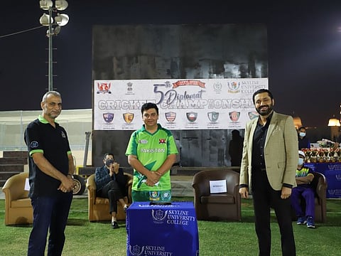 Pakistan Consul General Ahmed Amjad Ali (centre); Nitin Anand, Vice-Chairman of Skyline University College and  Prof. Mohammad In’airat, SUC Vice-Chancellor during the 5th Diplomatic Cricket Cup held in Sharjah.