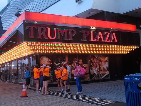 File photo: A partially burnt-out sign on the exterior of the Trump Plaza Casino in Atlantic City.