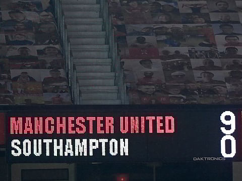 The scoreboard displays the final score after the English Premier League soccer match between Manchester United and Southampton, at the Old Trafford stadium in Manchester, England, Tuesday, Feb. 2, 2021. 