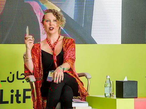 Jessica Jarlvi on stage and Oyinkan Braithwaite on screen, during the Emirates Airlines Litfest at Le Meridien Hotel in Festival City, Dubai.  Photo: Antonin Kélian Kallouche/Gulf News