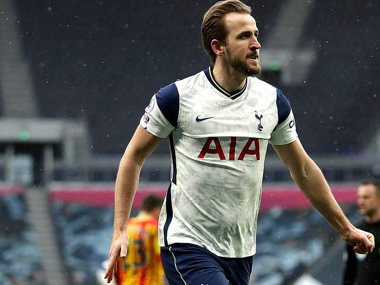 Harry Kane celebrates against West Brom on February 7, 2021.