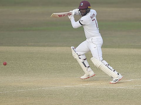 West Indies' Kyle Mayers plays a shot during the fifth day of the first Test vs Bangladesh at the Zohur Ahmed Chowdhury Stadium in Chittagong on February 7, 2021. 