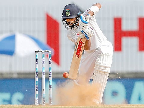 Indian captain Virat Kohli plays a shot during the 5th and final day of first Test vs England, at MA Chidambaram Stadium, in Chennai. 