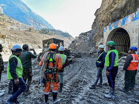 Rescue operations continue at Tapovan Tunnel, following Sunday's glacier burst in Joshimath causing a massive flood in the Dhauli Ganga river, in Chamoli district of Uttarakhand, Wednesday, Feb. 10, 2021. 