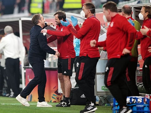 Bayern Munich coach Hansi Flick (in black) celebrates with support staff after his team won the Fifa Club World Cup on Thursday night.