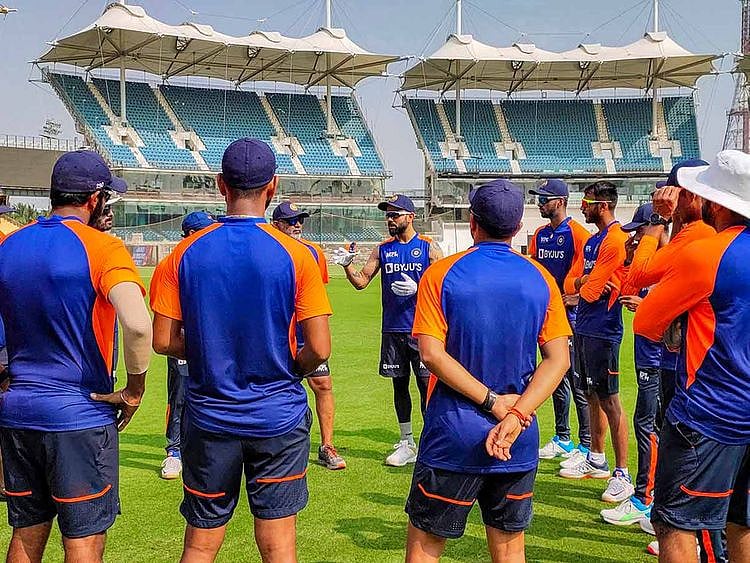 Indian cricket captain Virat Kohli with teammates during a training session at MA Chidambaram Stadium, in Chennai, Tuesday, Feb. 2, 2021.