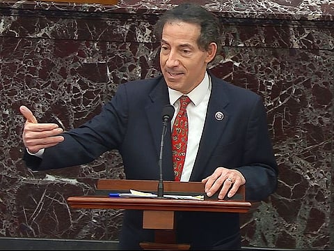 House impeachment manager Rep. Jamie Raskin, D-Md., answers a question from Sen. Ted Cruz, R-Texas, during the second impeachment trial of Donald Trump in the Senate at the US Capitol in Washington, on Friday.  